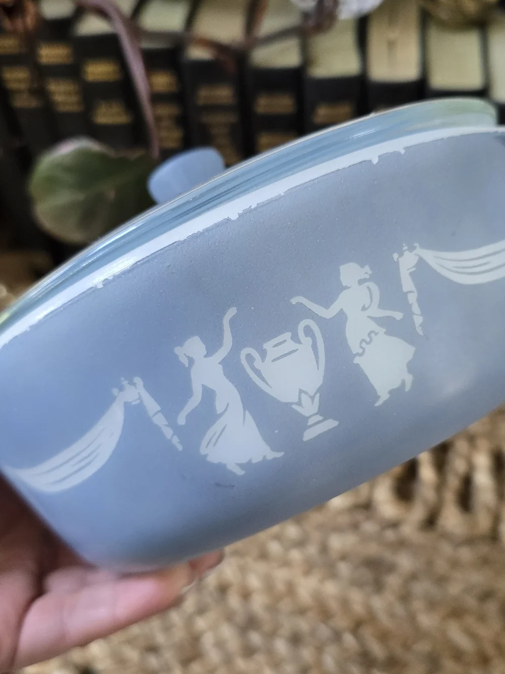 Vintage Blue Covered Cameo Casserole Dish with White Silhouette Design